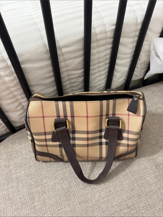 Burberry Handbags - Burberry Tan Plaid Satchel with Dark Brown Trim